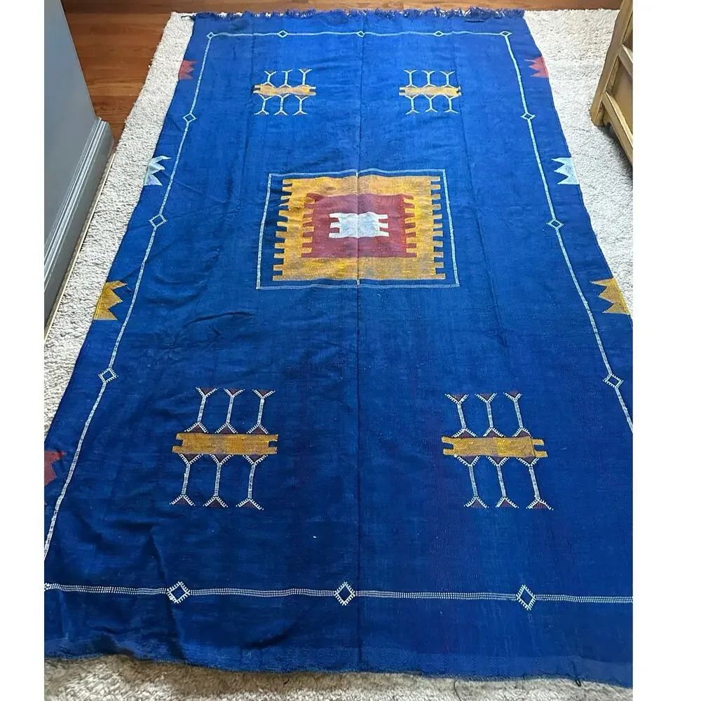 Vintage Moroccan rug kilim Berber Handmade orange yellow red wall tapestry 2x3ft